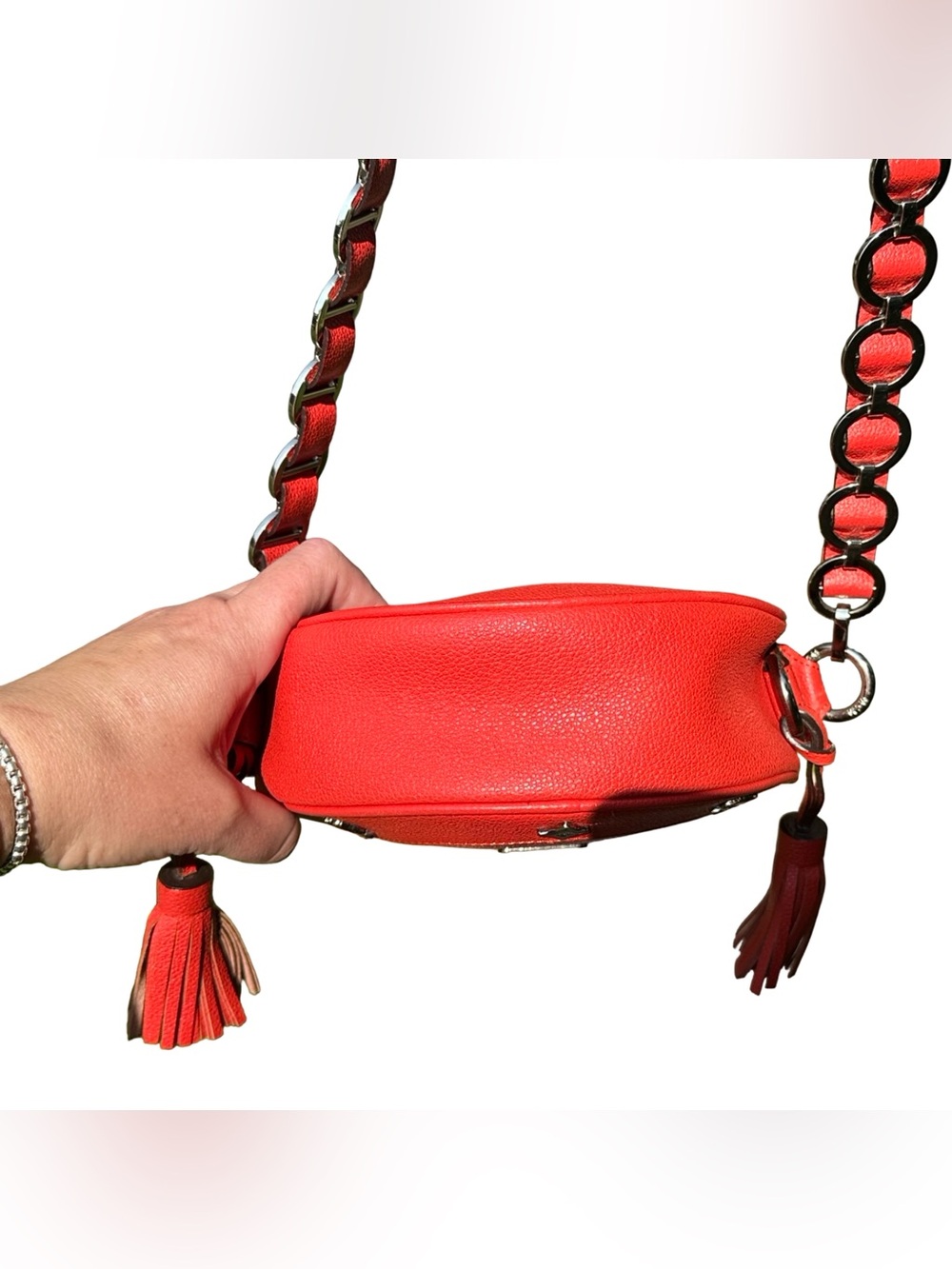 VTG MCM Red Grained Leather Round Tambourine Crossbody Bag Silver Studded - Picture 11 of 16